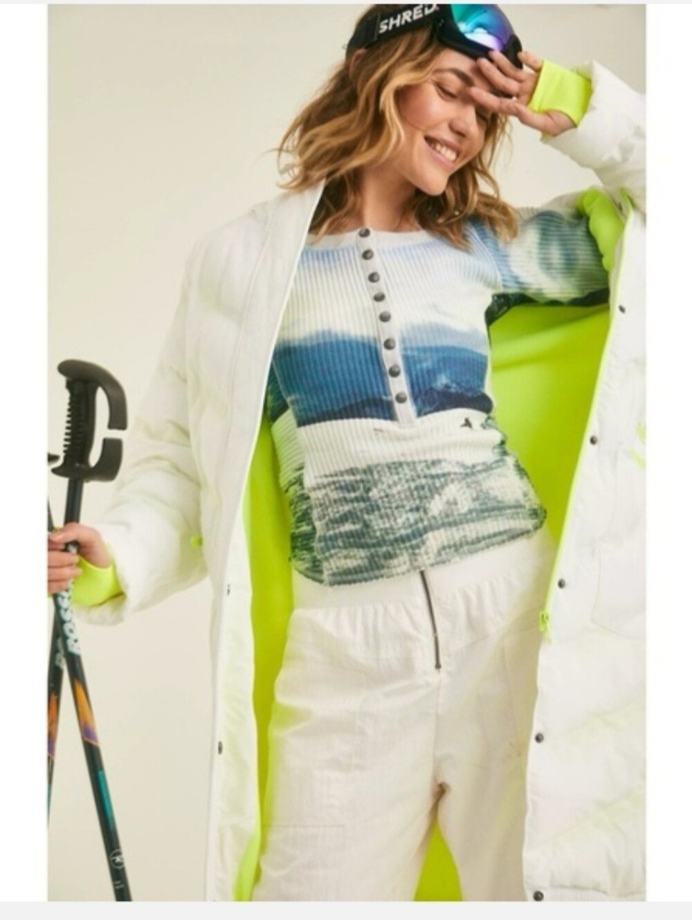FREE PEOPLE  White Longline Puffer Coat with Neon Lime Fleece Lining. Size S